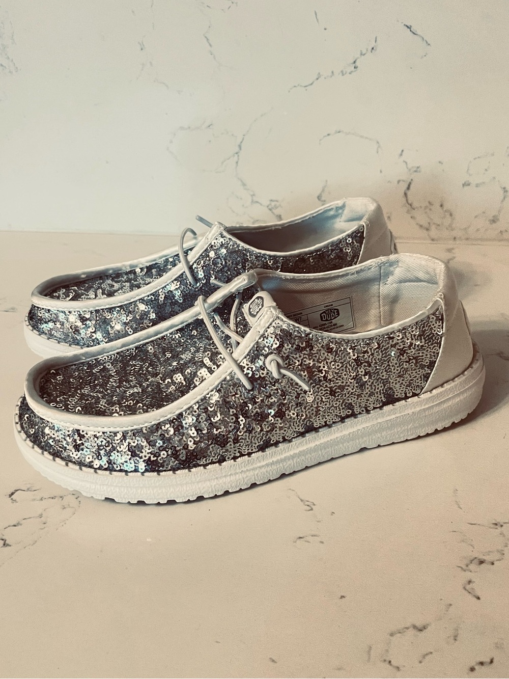 Hey Dude Silver Sequin Slip-On Sneakers with White Trim -Sz 7